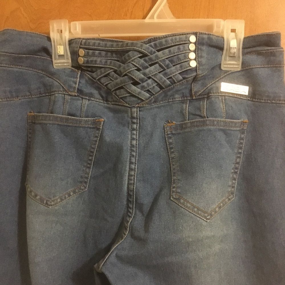 Kaba Medium Wash Whisker Braided Detail Four Button  Skinny Jeans 15